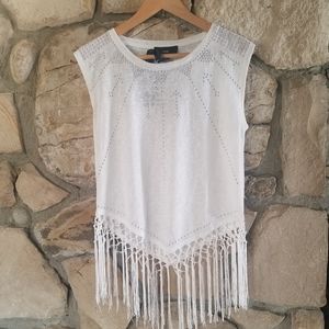 NWT RAIN Silver Bedazzled Fringe Top SZ: M
